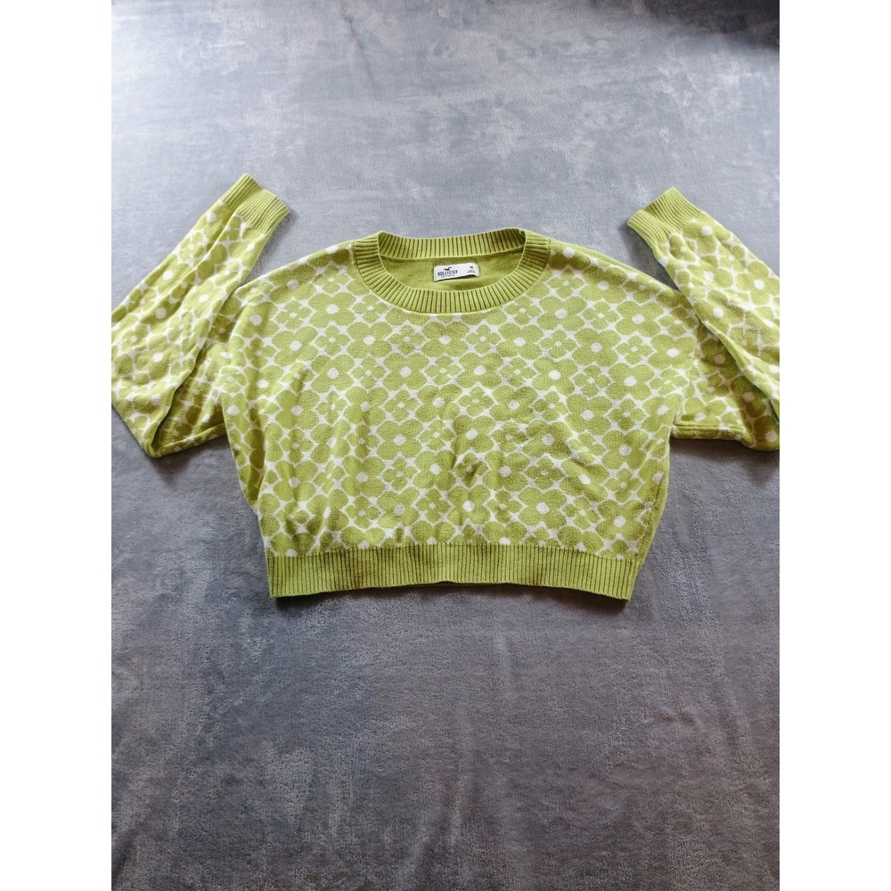 Hollister Womens Crewneck Sweater Green‎ White Floral Medium Cropped Knit